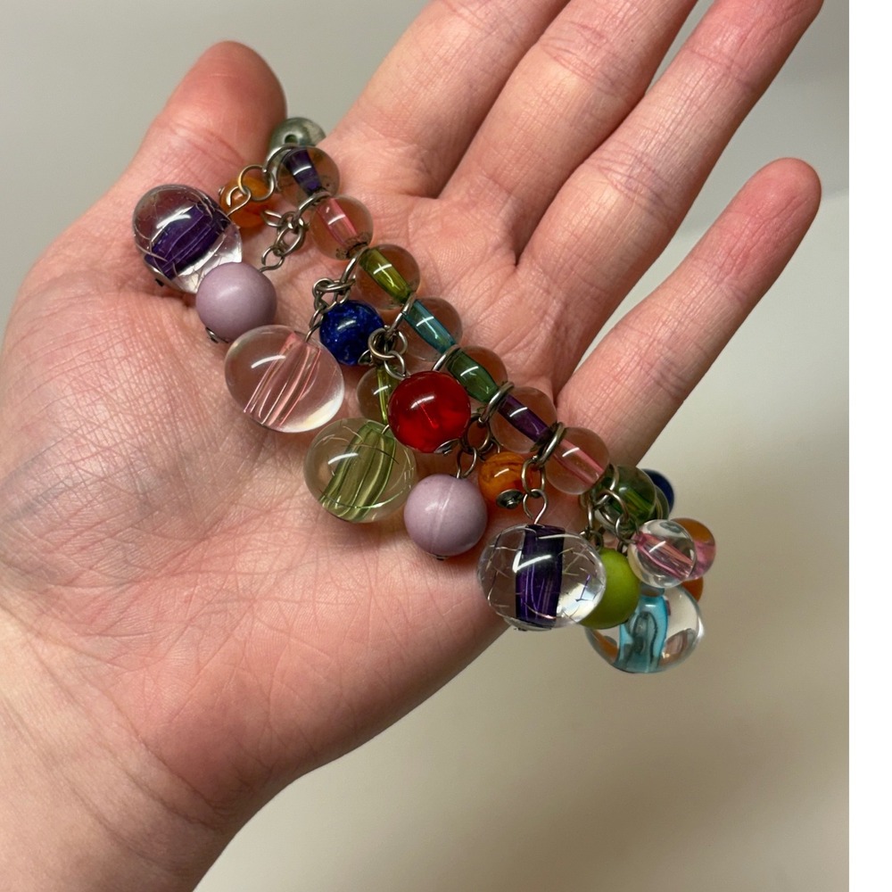 Multicolor Glass Bead Charm Bracelet Silver Tone Link Chain Artistic